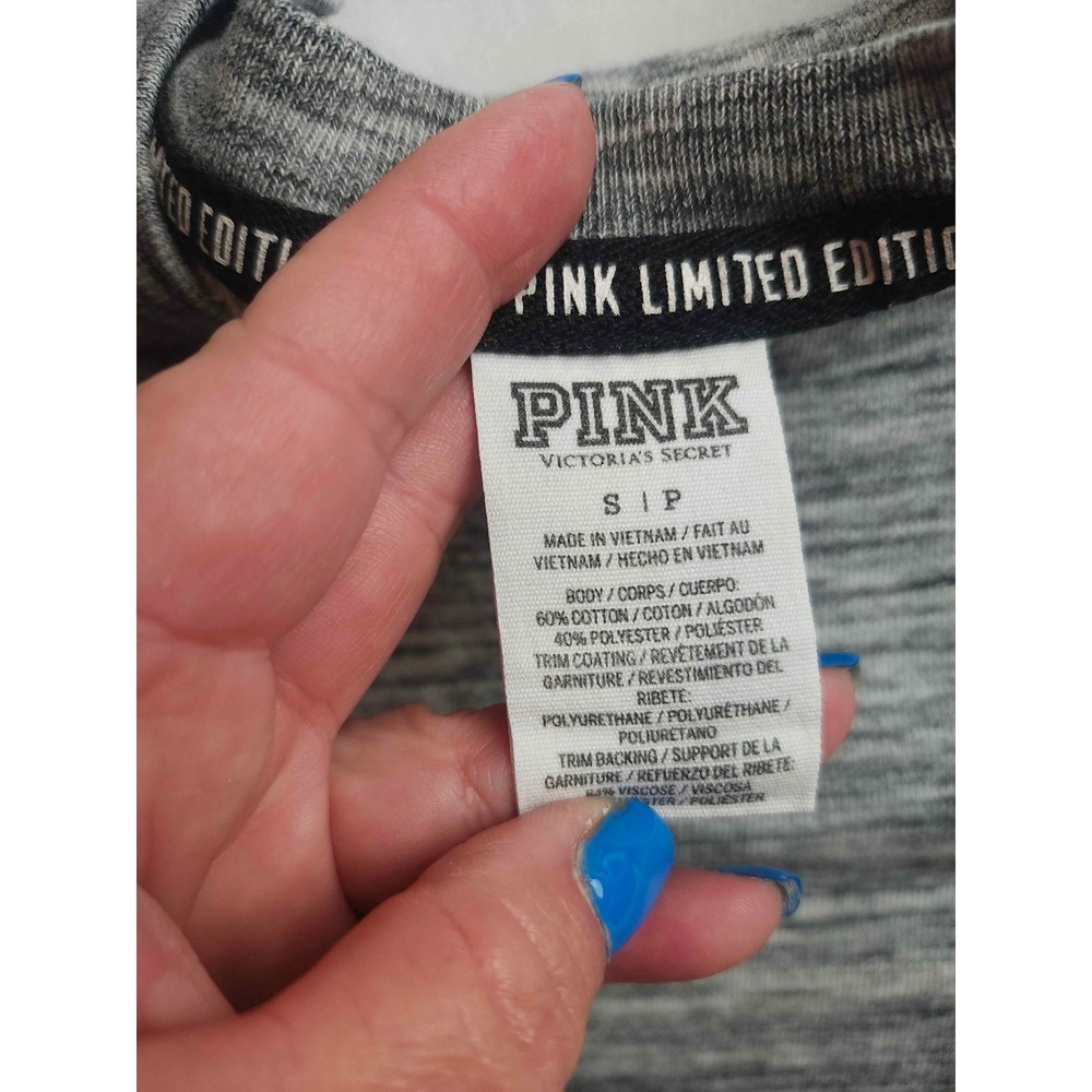Pink Victoria's Secret Gray Marl Crewneck Sweatshirt Blue Sleeve Stripe Small - Picture 5 of 8